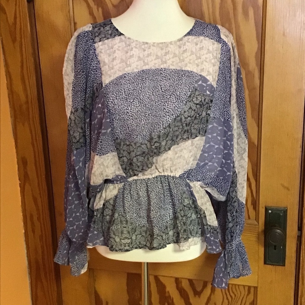 BB Dakota Patchwork Peplum Blouse Medium Boho Cottagecore Sheer Sleeve Ruffle - Picture 11 of 15